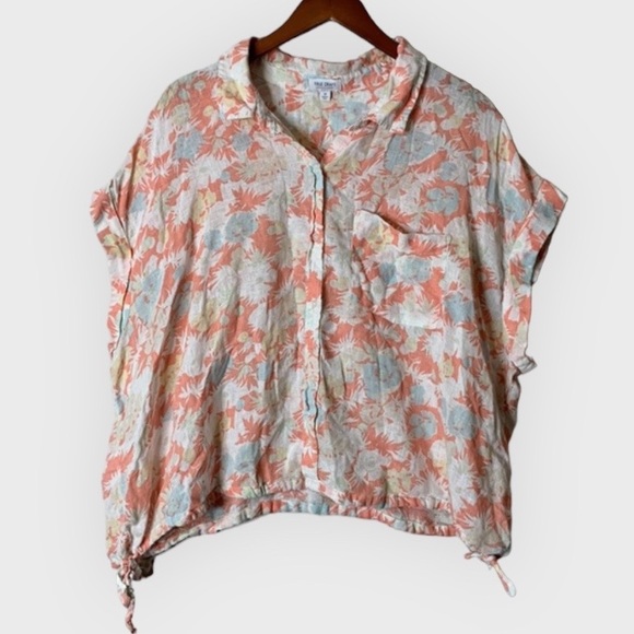 TRUE CRAFT Linen Blend Pastel Printed Short Sleeve Crop Button Down Top - Picture 2 of 8